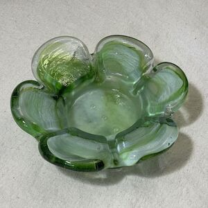 Vintage Cased Art Glass Ashtray Green Clear Bowl Mid Century Scalloped Flower